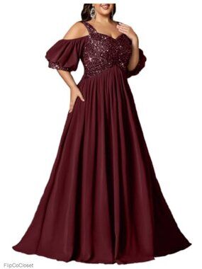 Plus Size Sequined A-Line Formal Maxi Dress with Puff Sleeves